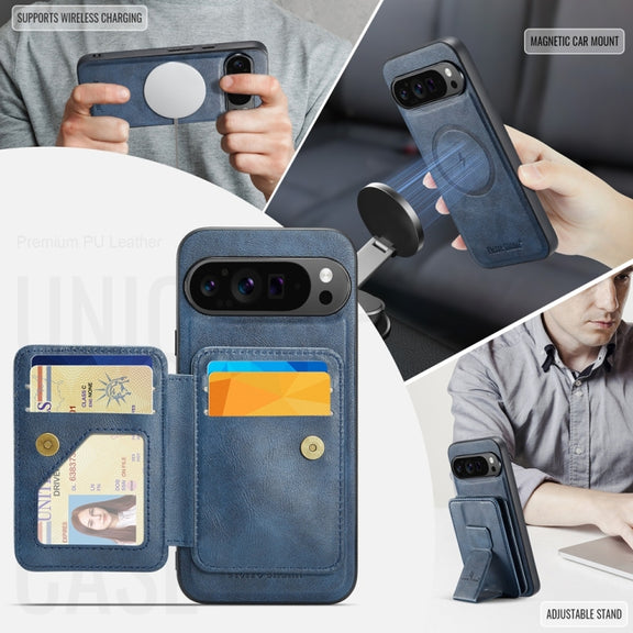 For Google Pixel 9 Pro XL Fierre Shann Cowhide Horizontal Flip Magnetic Card Holder Phone Case(Blue)