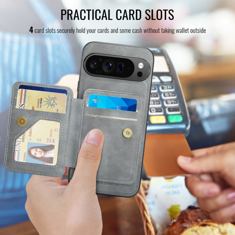 For Google Pixel 9 Pro XL Fierre Shann Cowhide Horizontal Flip Magnetic Card Holder Phone Case(Grey) - Google Cases by FIERRE SHANN | Online Shopping South Africa | PMC TechLife | Buy Now Pay Later Mobicred