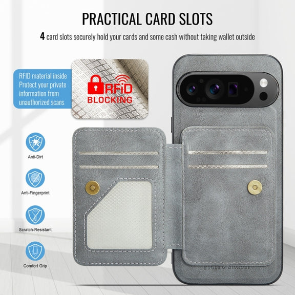 For Google Pixel 9 Pro XL Fierre Shann Cowhide Horizontal Flip Magnetic Card Holder Phone Case(Grey)