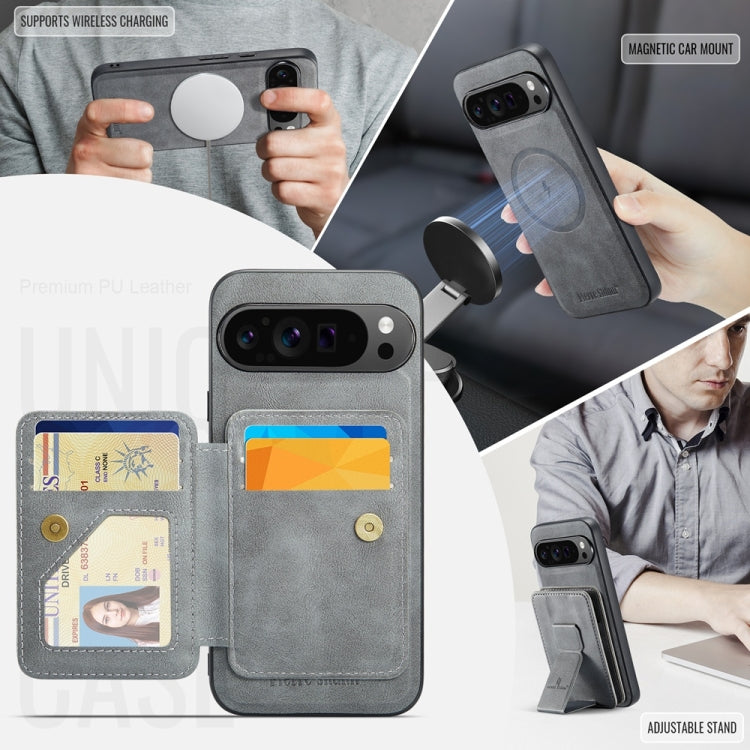For Google Pixel 9 Pro XL Fierre Shann Cowhide Horizontal Flip Magnetic Card Holder Phone Case(Grey)