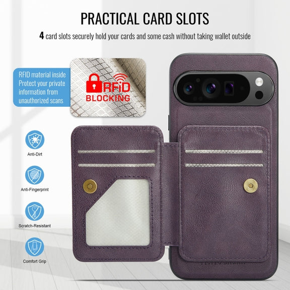 For Google Pixel 9 Pro XL Fierre Shann Cowhide Horizontal Flip Magnetic Card Holder Phone Case(Purple)