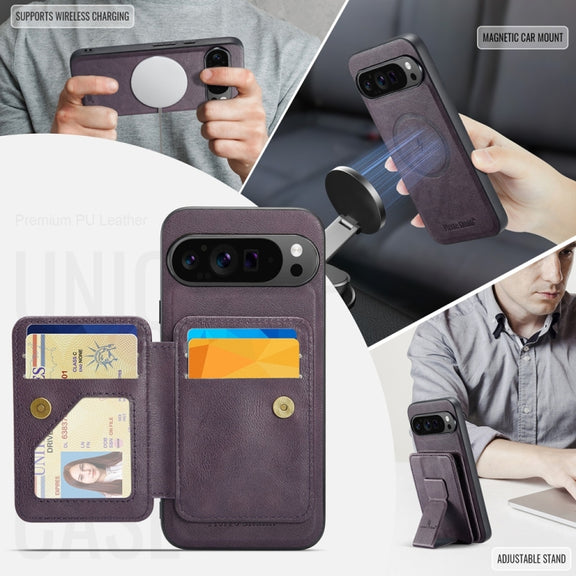 For Google Pixel 9 Pro XL Fierre Shann Cowhide Horizontal Flip Magnetic Card Holder Phone Case(Purple)
