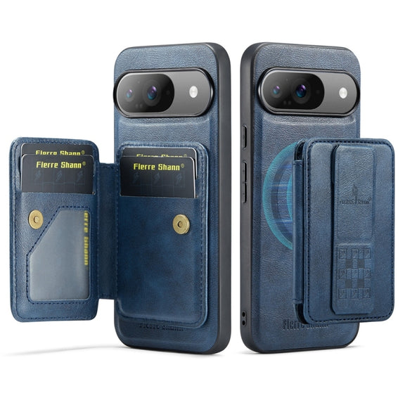 For Google Pixel 9 / 9 Pro Fierre Shann Cowhide Horizontal Flip Magnetic Card Holder Phone Case(Blue)
