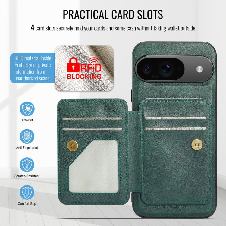 For Google Pixel 9 / 9 Pro Fierre Shann Cowhide Horizontal Flip Magnetic Card Holder Phone Case(Green) - Google Cases by FIERRE SHANN | Online Shopping South Africa | PMC TechLife | Buy Now Pay Later Mobicred