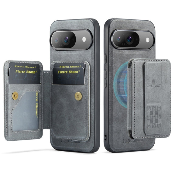 For Google Pixel 9 / 9 Pro Fierre Shann Cowhide Horizontal Flip Magnetic Card Holder Phone Case(Grey)