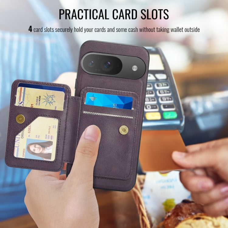 For Google Pixel 9 / 9 Pro Fierre Shann Cowhide Horizontal Flip Magnetic Card Holder Phone Case(Purple)