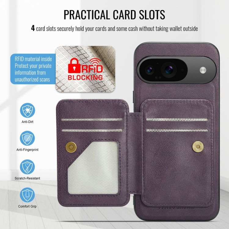 For Google Pixel 9 / 9 Pro Fierre Shann Cowhide Horizontal Flip Magnetic Card Holder Phone Case(Purple)
