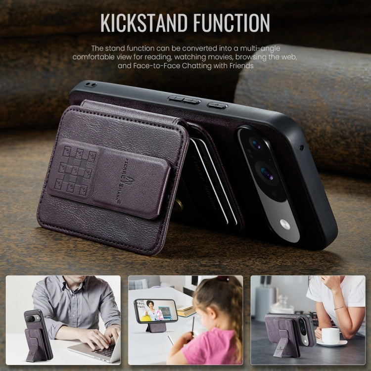 For Google Pixel 9 / 9 Pro Fierre Shann Cowhide Horizontal Flip Magnetic Card Holder Phone Case(Purple)
