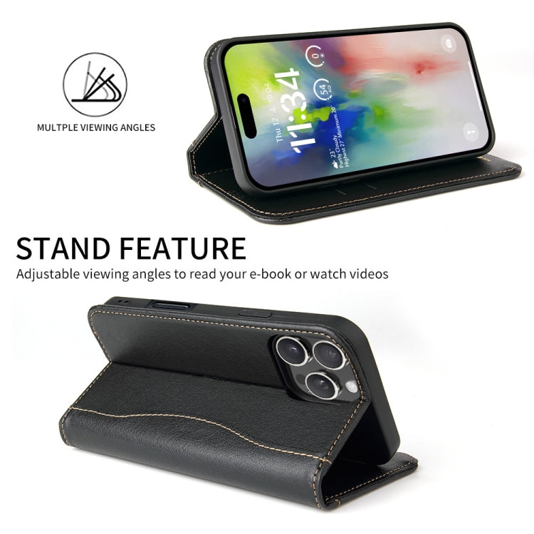 For iPhone 16 Pro Fierre Shann Cowhide Leather Flip Leather Phone Case(Black)