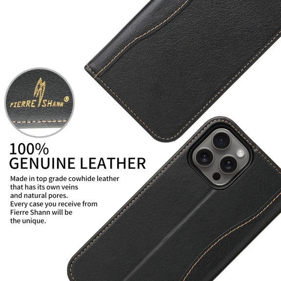 For iPhone 16 Pro Fierre Shann Cowhide Leather Flip Leather Phone Case(Black)
