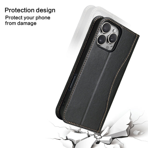 For iPhone 16 Pro Fierre Shann Cowhide Leather Flip Leather Phone Case(Black)