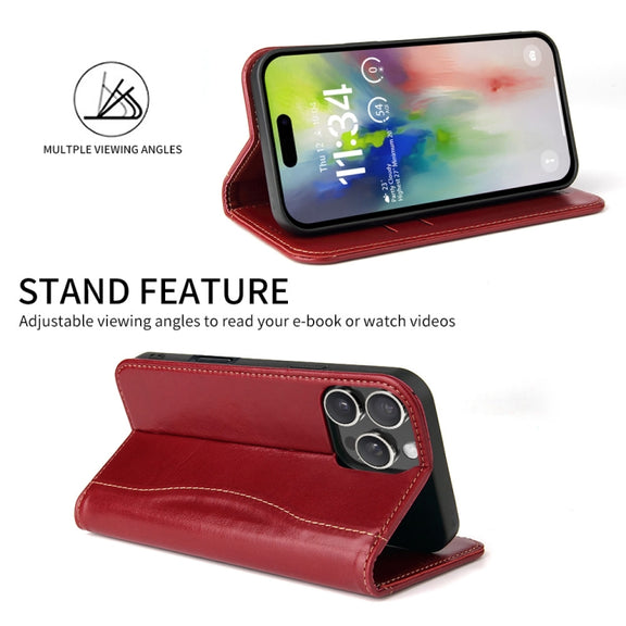 For iPhone 16 Pro Fierre Shann Cowhide Leather Flip Leather Phone Case(Red)