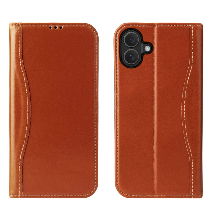 For iPhone 16 Plus Fierre Shann Cowhide Leather Flip Leather Phone Case(Brown) - free shipping - PMC Jewellery - Order now!