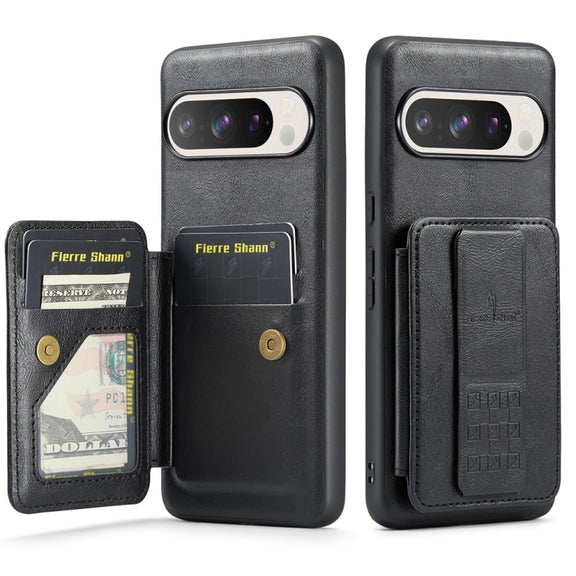 For Google Pixel 9 Pro XL Fierre Shann Oil Wax Cow Leather Card Holder Back Phone Case(Black)