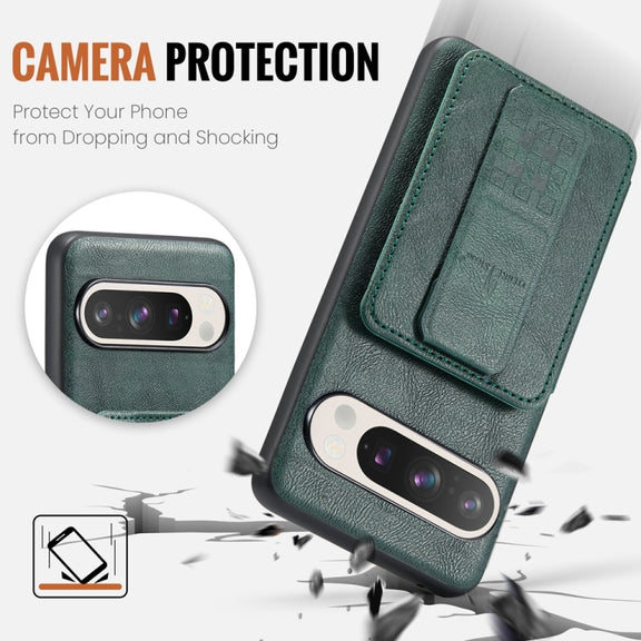 For Google Pixel 9 Pro XL Fierre Shann Oil Wax Cow Leather Card Holder Back Phone Case(Green)