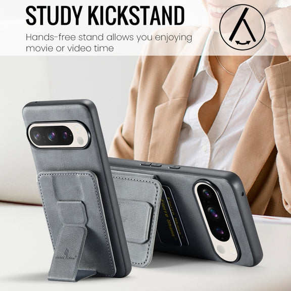 For Google Pixel 9 Pro XL Fierre Shann Oil Wax Cow Leather Card Holder Back Phone Case(Grey)