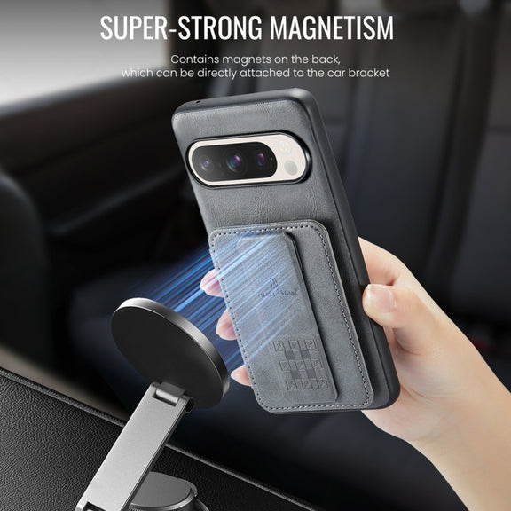 For Google Pixel 9 Pro XL Fierre Shann Oil Wax Cow Leather Card Holder Back Phone Case(Grey)