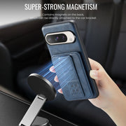 For Google Pixel 9 Pro XL Fierre Shann Oil Wax Cow Leather Card Holder Back Phone Case(Blue)