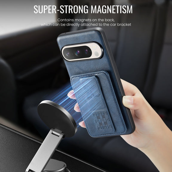 For Google Pixel 9 Pro XL Fierre Shann Oil Wax Cow Leather Card Holder Back Phone Case(Blue)