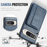 For Google Pixel 9 Pro XL Fierre Shann Oil Wax Cow Leather Card Holder Back Phone Case(Blue)