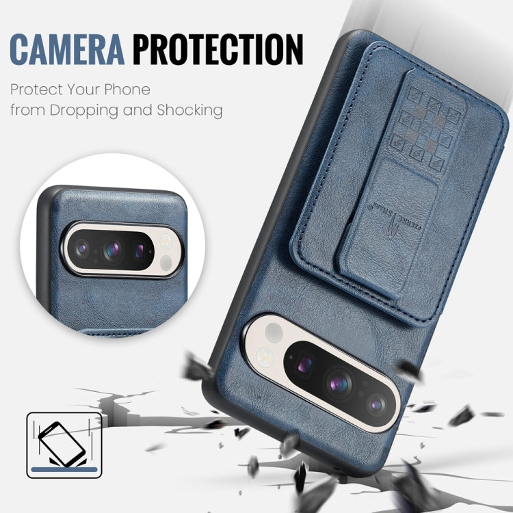 For Google Pixel 9 Pro XL Fierre Shann Oil Wax Cow Leather Card Holder Back Phone Case(Blue)