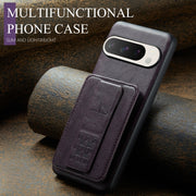For Google Pixel 9 Pro XL Fierre Shann Oil Wax Cow Leather Card Holder Back Phone Case(Purple)