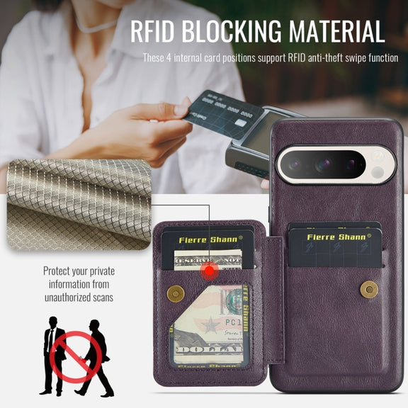 For Google Pixel 9 Pro XL Fierre Shann Oil Wax Cow Leather Card Holder Back Phone Case(Purple)