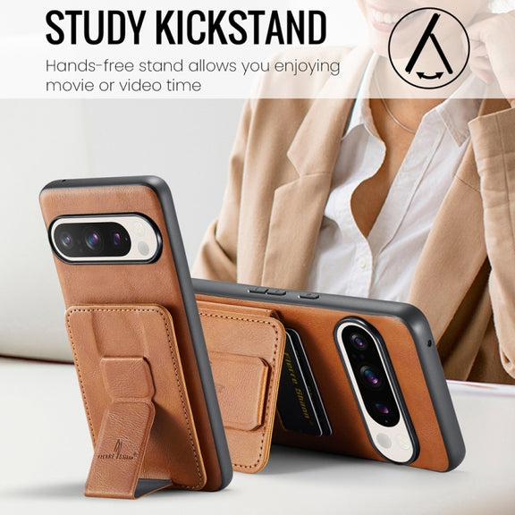 For Google Pixel 9 Pro XL Fierre Shann Oil Wax Cow Leather Card Holder Back Phone Case(Brown)