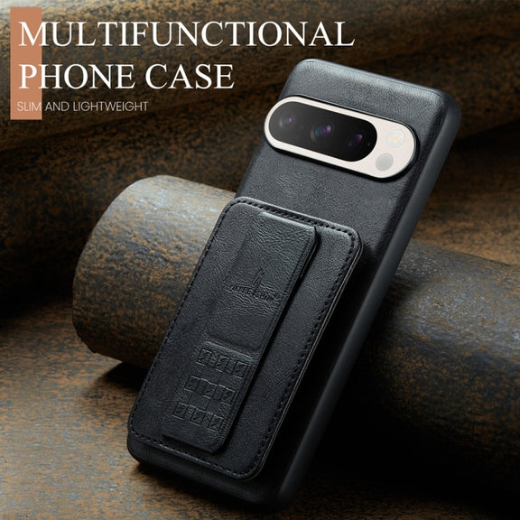 For Google Pixel 9 / 9 Pro Fierre Shann Oil Wax Cow Leather Card Holder Back Phone Case(Black)