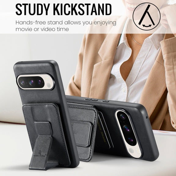 For Google Pixel 9 / 9 Pro Fierre Shann Oil Wax Cow Leather Card Holder Back Phone Case(Black)