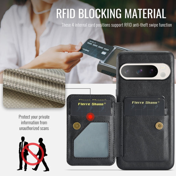 For Google Pixel 9 / 9 Pro Fierre Shann Oil Wax Cow Leather Card Holder Back Phone Case(Black)