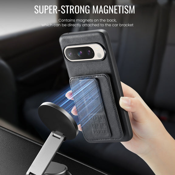For Google Pixel 9 / 9 Pro Fierre Shann Oil Wax Cow Leather Card Holder Back Phone Case(Black)