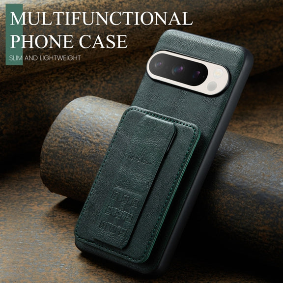 For Google Pixel 9 / 9 Pro Fierre Shann Oil Wax Cow Leather Card Holder Back Phone Case(Green)