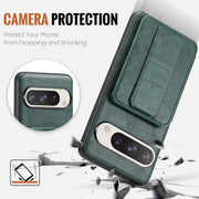 For Google Pixel 9 / 9 Pro Fierre Shann Oil Wax Cow Leather Card Holder Back Phone Case(Green)