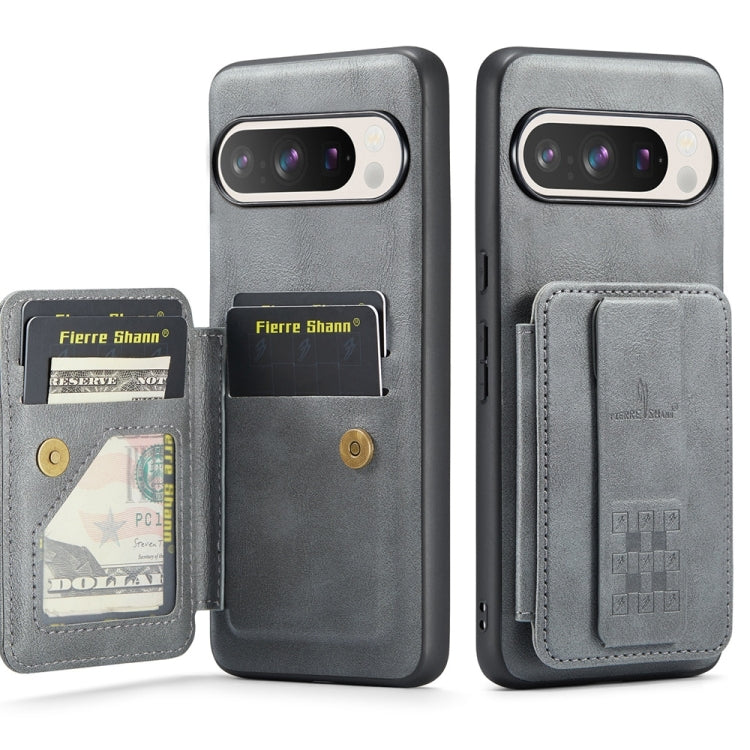 For Google Pixel 9 / 9 Pro Fierre Shann Oil Wax Cow Leather Card Holder Back Phone Case(Grey) - Google Cases by FIERRE SHANN | Online Shopping South Africa | PMC TechLife | Buy Now Pay Later Mobicred