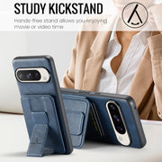 For Google Pixel 9 / 9 Pro Fierre Shann Oil Wax Cow Leather Card Holder Back Phone Case(Blue)