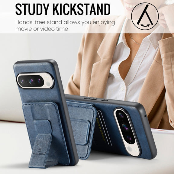 For Google Pixel 9 / 9 Pro Fierre Shann Oil Wax Cow Leather Card Holder Back Phone Case(Blue)