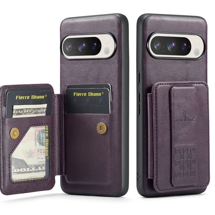 For Google Pixel 9 / 9 Pro Fierre Shann Oil Wax Cow Leather Card Holder Back Phone Case(Purple) - Google Cases by FIERRE SHANN | Online Shopping South Africa | PMC TechLife | Buy Now Pay Later Mobicred
