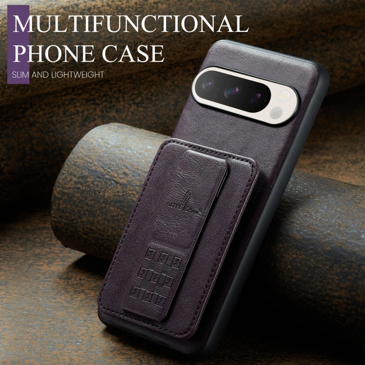 For Google Pixel 9 / 9 Pro Fierre Shann Oil Wax Cow Leather Card Holder Back Phone Case(Purple)