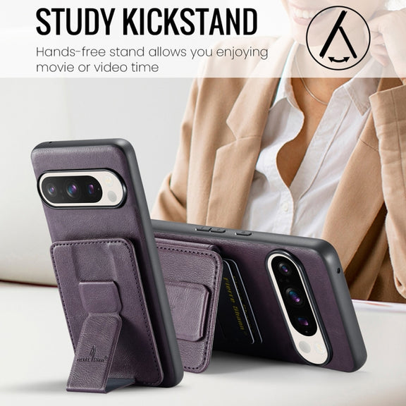 For Google Pixel 9 / 9 Pro Fierre Shann Oil Wax Cow Leather Card Holder Back Phone Case(Purple)