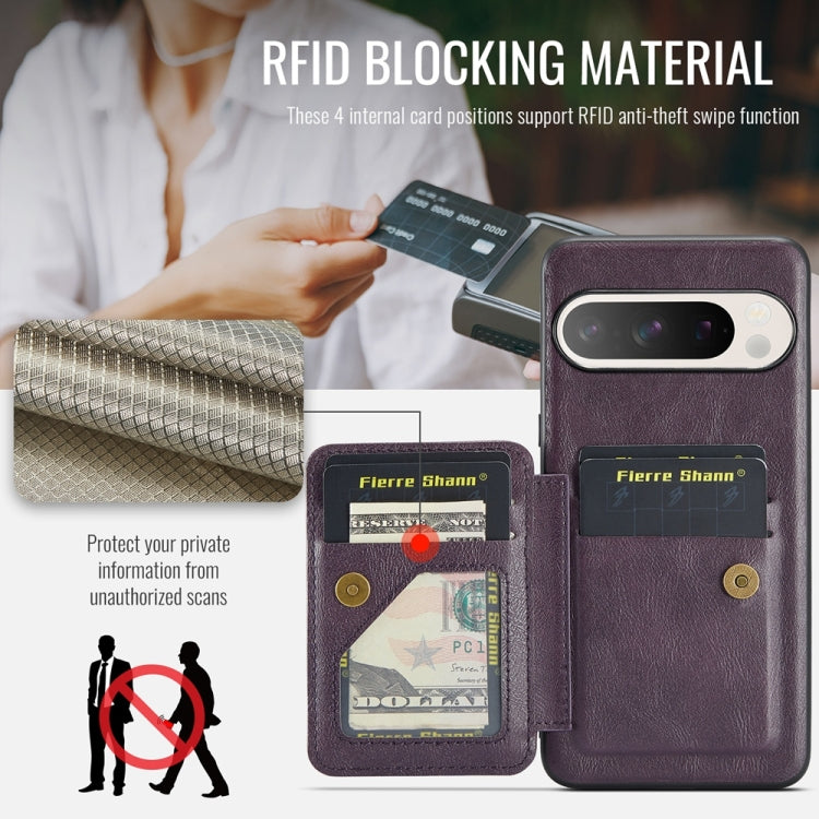For Google Pixel 9 / 9 Pro Fierre Shann Oil Wax Cow Leather Card Holder Back Phone Case(Purple)