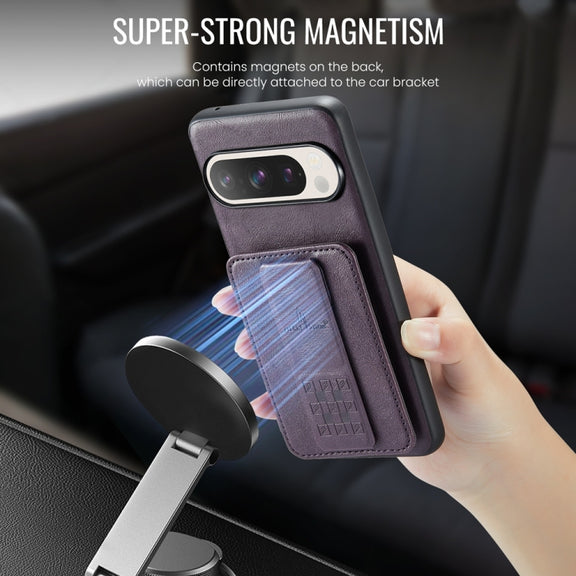 For Google Pixel 9 / 9 Pro Fierre Shann Oil Wax Cow Leather Card Holder Back Phone Case(Purple)