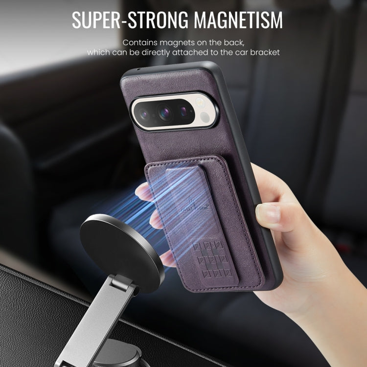 For Google Pixel 9 / 9 Pro Fierre Shann Oil Wax Cow Leather Card Holder Back Phone Case(Purple)