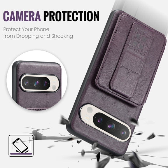 For Google Pixel 9 / 9 Pro Fierre Shann Oil Wax Cow Leather Card Holder Back Phone Case(Purple)
