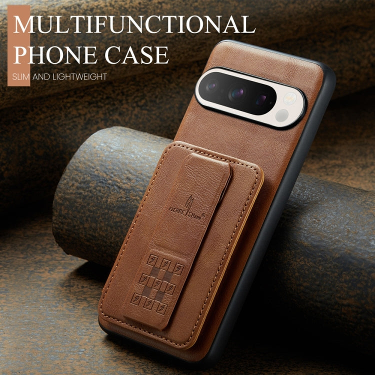 For Google Pixel 9 / 9 Pro Fierre Shann Oil Wax Cow Leather Card Holder Back Phone Case(Brown)