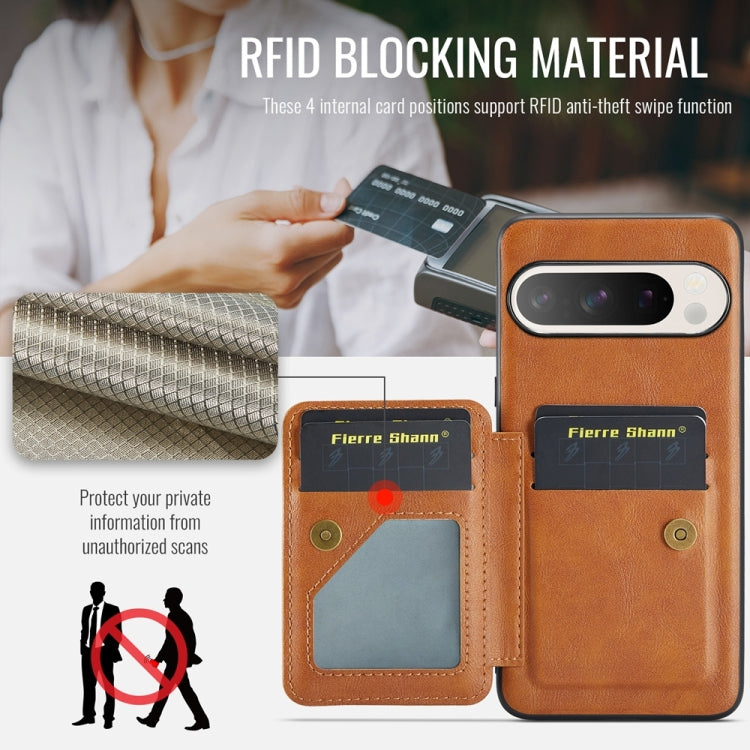 For Google Pixel 9 / 9 Pro Fierre Shann Oil Wax Cow Leather Card Holder Back Phone Case(Brown)