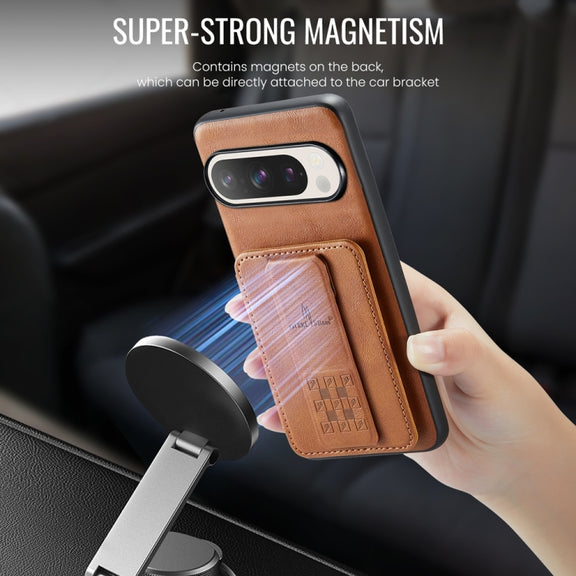For Google Pixel 9 / 9 Pro Fierre Shann Oil Wax Cow Leather Card Holder Back Phone Case(Brown)