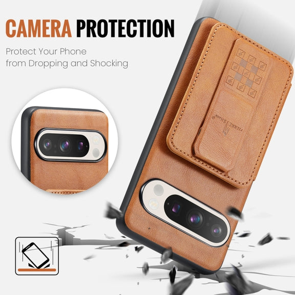 For Google Pixel 9 / 9 Pro Fierre Shann Oil Wax Cow Leather Card Holder Back Phone Case(Brown)