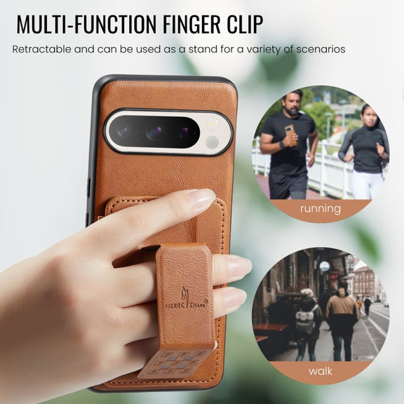 For Google Pixel 9 / 9 Pro Fierre Shann Oil Wax Cow Leather Card Holder Back Phone Case(Brown)