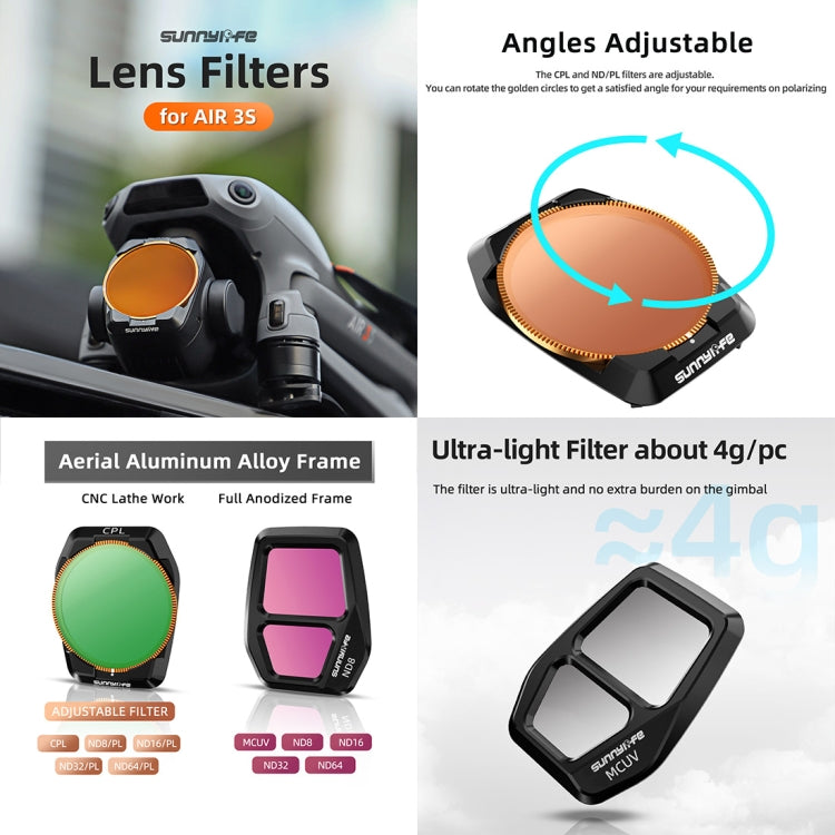 For DJI Air 3S Sunnylife Camera Lens Filter, Filter:6 in 1 UV CPL ND8-64 - free shipping - PMC TechLife - Order now!